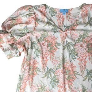 CeCe Floral Puff Sleeve Blouse Womens XL Pink White Elegant Shear VNeck Wisteria